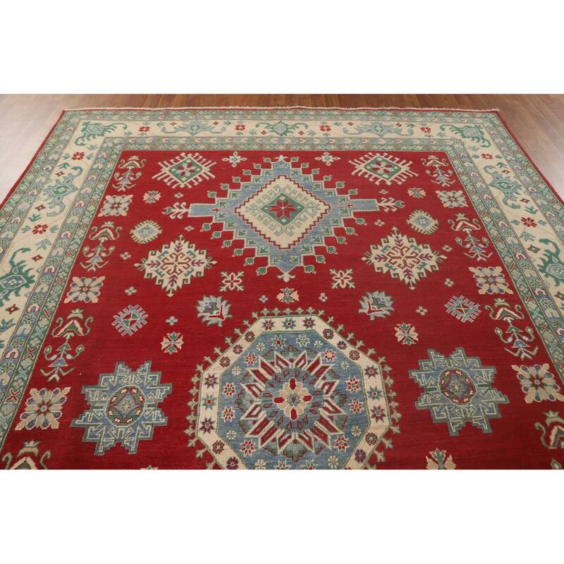 Red Geometric Kazak Oriental Area Rug Handmade Traditional Wool Carpet - 8'4"x 11'7"