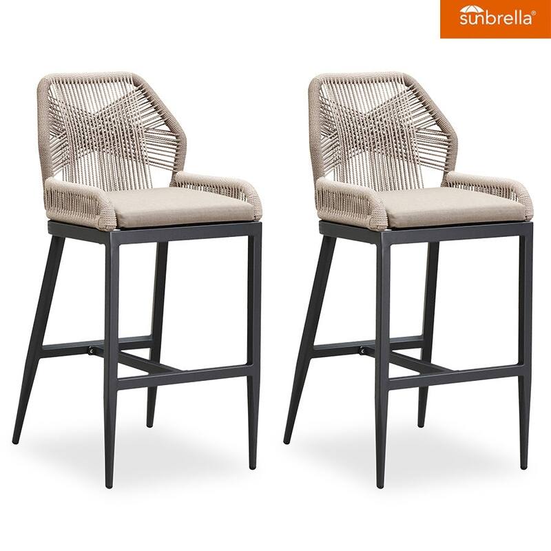 PURPLE LEAF Patio Sunbrella Bar Stools Set of 2 Handwoven Wicker Bar Height Stool Modern Aluminum High Bar Chairs - Drak Grey-Taupe(28.5'H)