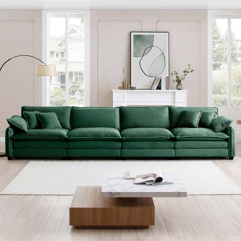 Ergonomic 4 Seater Corduroy Upholstered Sectional Sofa with Pillows