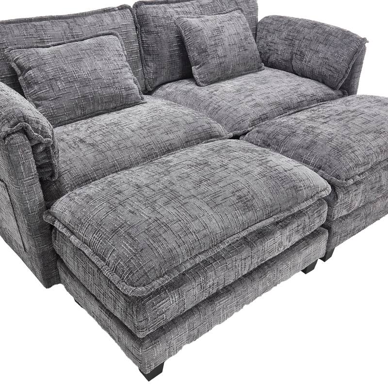 Chenille Sleeper Sofa Bed Deep Seat Loveseat Sectional Couch with Ottomans Chaise Lounge, Detachable Armrests and Side Pockets