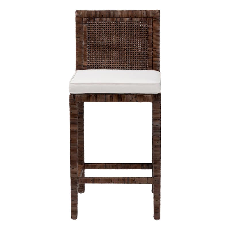 Sofia Rattan Counter Stool with Mahogany Wood Frame - Handwoven Wicker Counter Height Chair with Cushion, Coastal Boho Seating