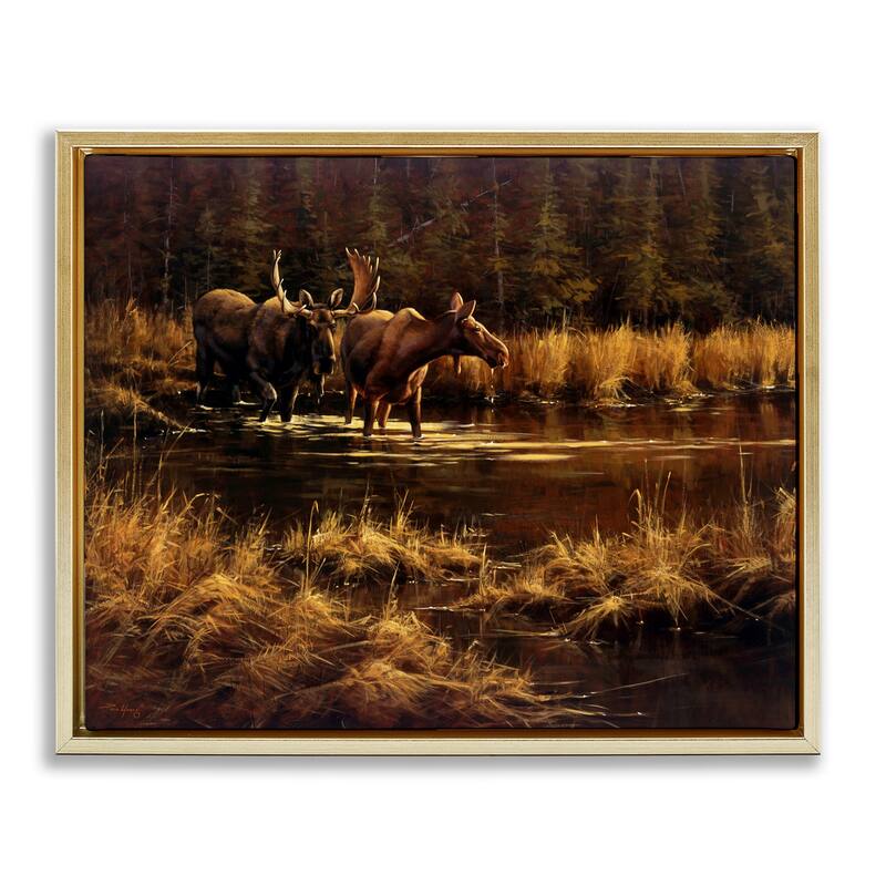 Stupell Moose Pair at Stream Framed Floater Canvas Wall Art Design By Paco Young - 21 x 17 - Gold