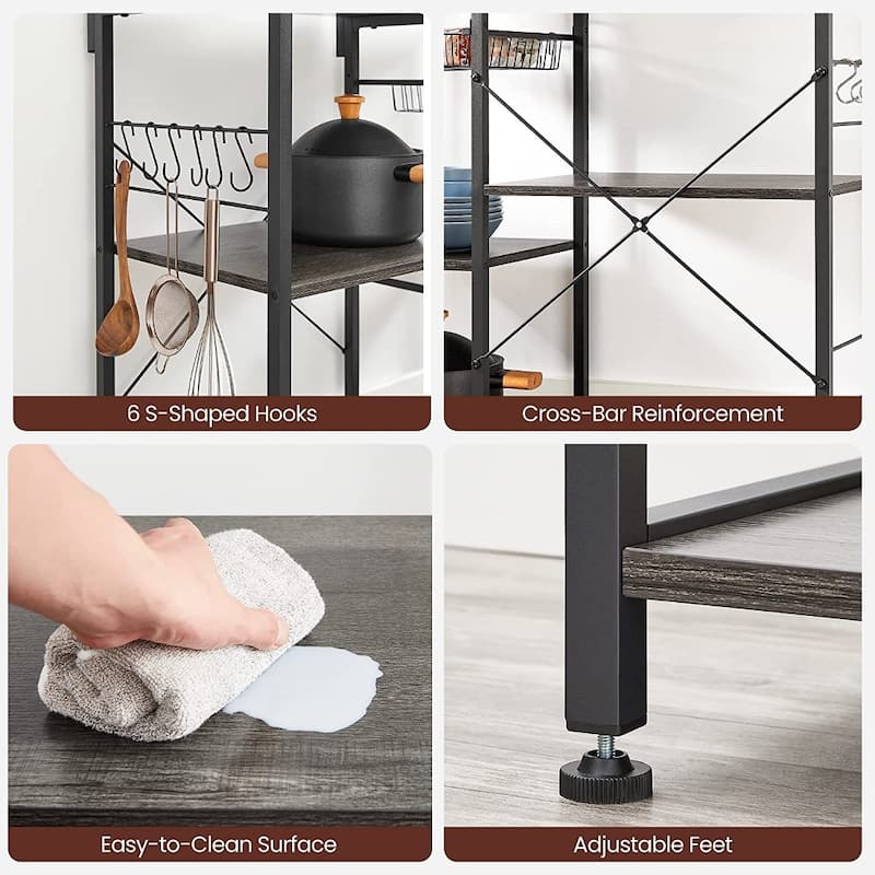 Kitchen Microwave Oven Stand Shelf with Wire Basket and 6 S-Hooks - 35.4"L x 15.7"W x 52"H