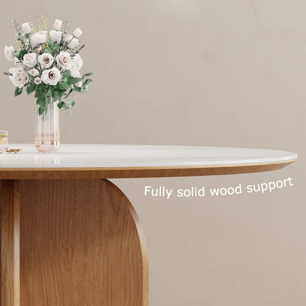 59" Modern Round Dining Table, Glossy White Sintered Stone, Solid Wood for 6-8