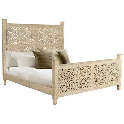 Peony Design Hand Carved Indian Solid Wooden Bed Frame King/Queen.