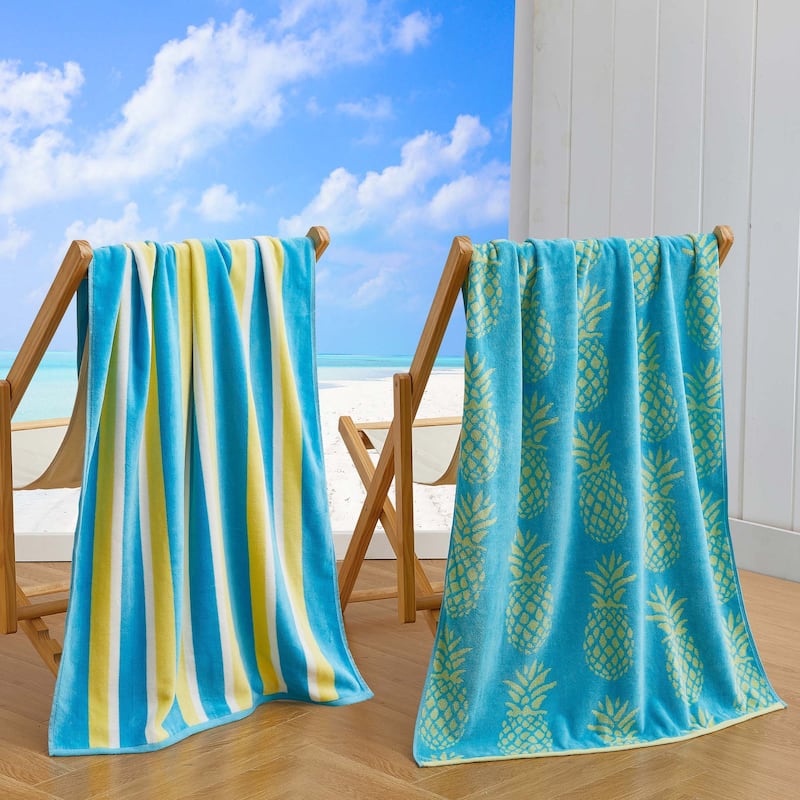 Linery & Co. 100% Cotton Jacquard 2 Pack Summer Beach Towels - 2 Pack- 30" x 60" - Blue/Yellow Pineapple & Stripe