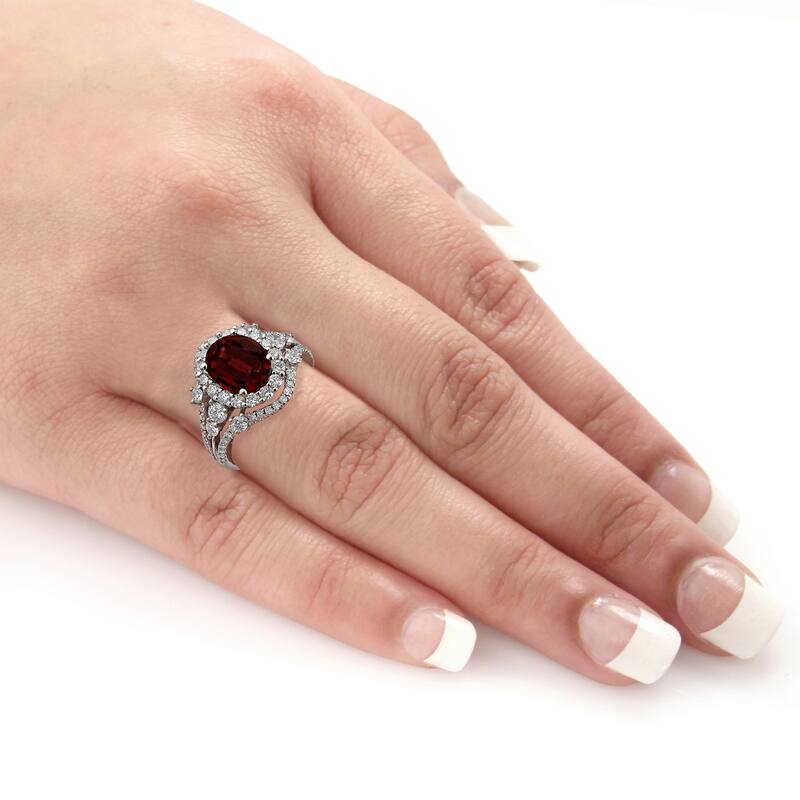 Auriya Vintage 2 7/8ct Oval Red Garnet and Halo Diamond Ring 1 1/5ctw 18K Gold