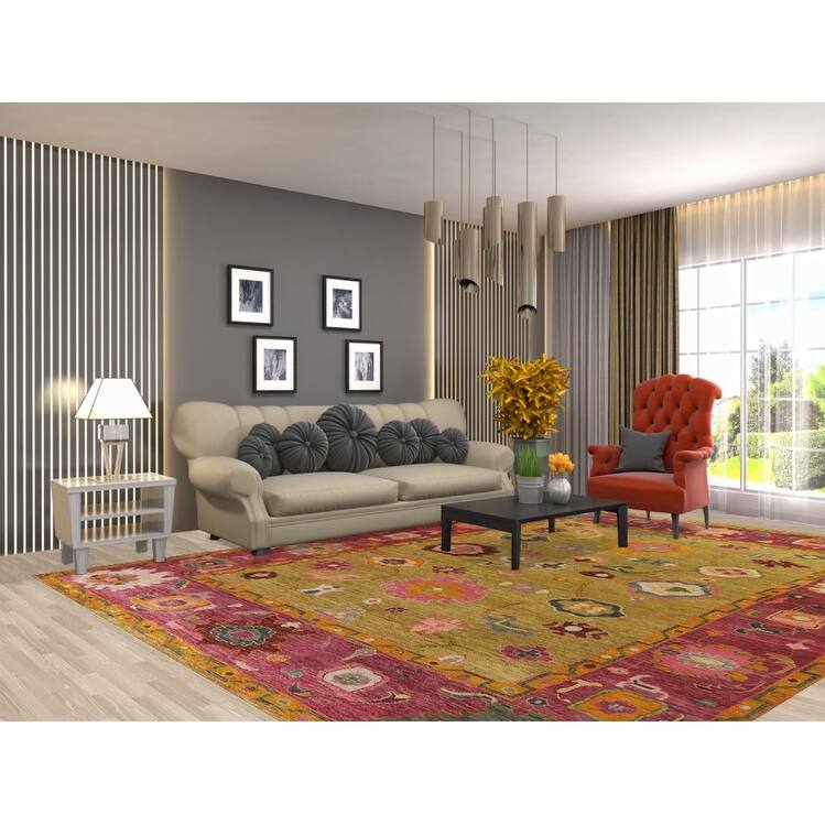 Hand Knotted Oriental 100% Wool Carpet Transitional All-Over Yellow & Gold Oushak Area Rug - 11' 10'' X 8' 10''