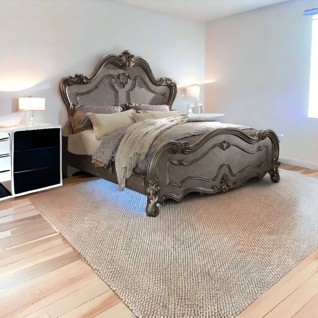 HomeRoots Gray Carved Scrollwork Wood Queen Bed Frame