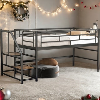 Twin Mid Loft Bed with Storage stairs, Superior Quality, White