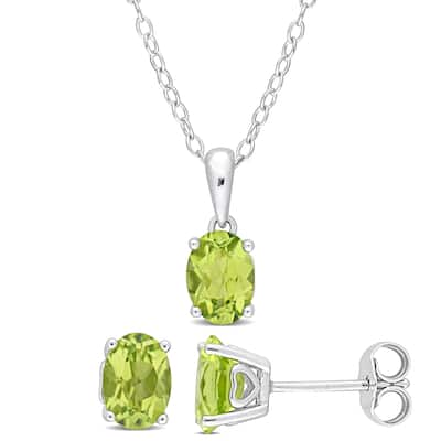 Miadora 2 1/2ct TGW Oval Peridot Solitaire Necklace and Stud Earrings Set in Sterling Silver