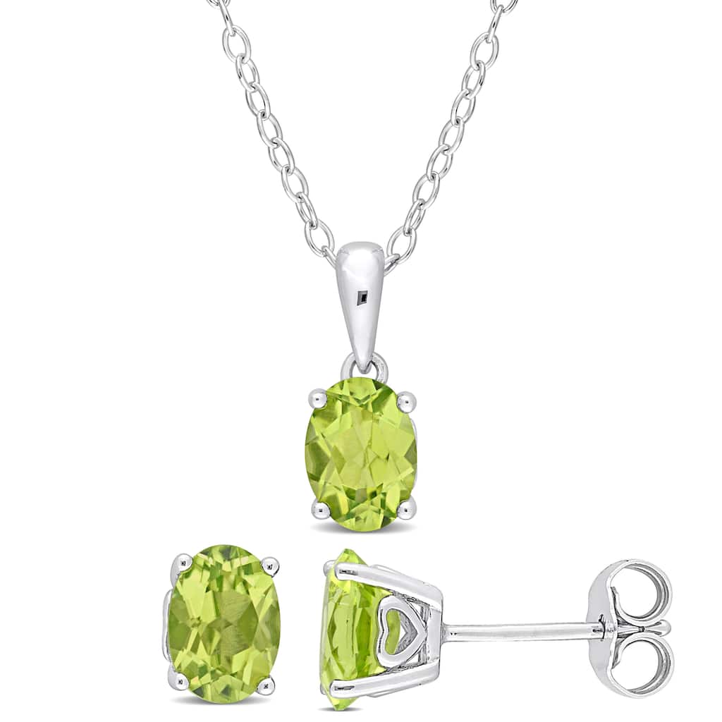 Miadora 2 1/2ct TGW Oval Peridot Solitaire Necklace and Stud Earrings Set in Sterling Silver