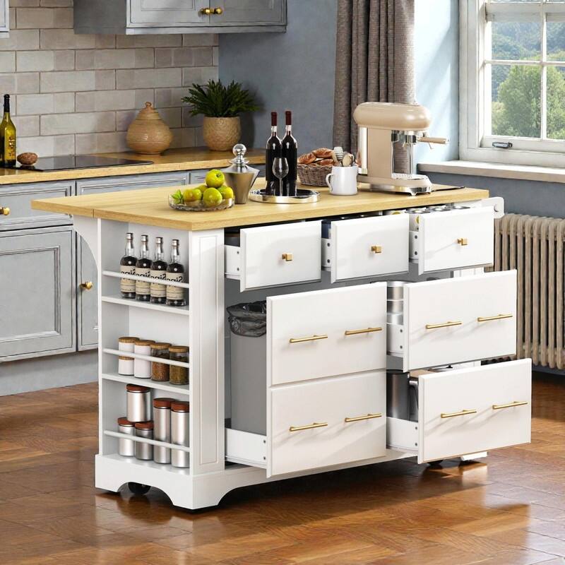 Rolling Kitchen Island with 6 Drawers, Pull-Out Trash Can Storage, Drop Leaf, Power Outlet & Side Racks