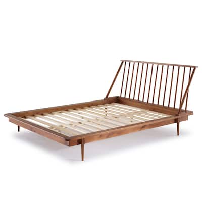 Queen Size Solid Pine Wood Platform Bed with Tapered Legs and Slatted Headboard, Mid-Century Style, Caramel Finish