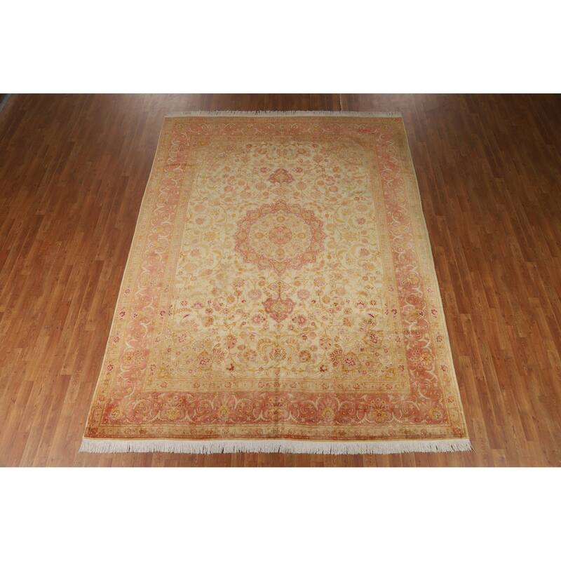Hand Knotted Oriental 100% Wool Carpet Traditional Floral Beige & Ivories Tabriz Area Rug - 11' 0'' X 8' 4''