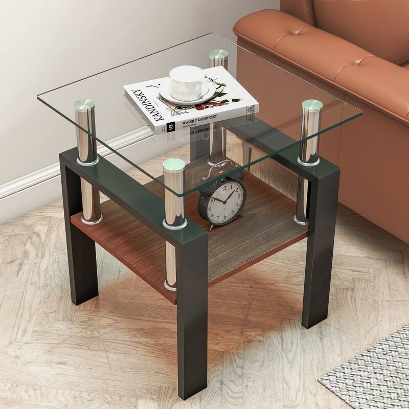 Set of 2 Modern Transparent Tempered Glass Tea Table