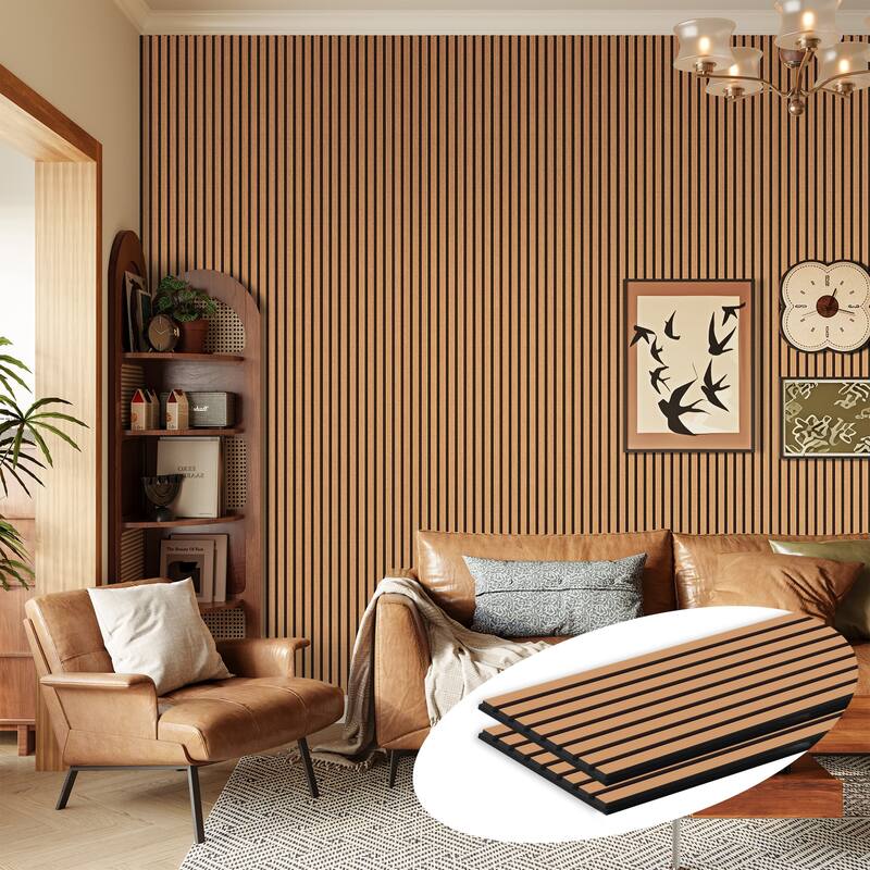 2Pcs Wood Slat Acoustic Wall Panels - 2pcs x 106" x 12.6" - Light Brown