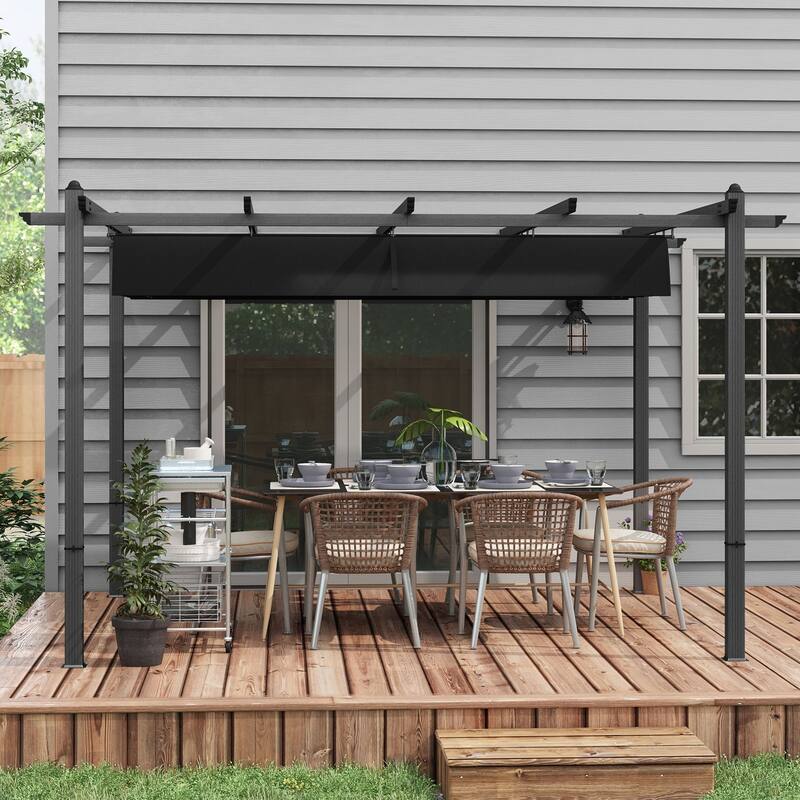 Outsunny 10' x 13' Retractable Pergola Canopy, Wood Grain Aluminum Pergola, Outdoor Sun Shade Shelter for Grill, Garden, Patio