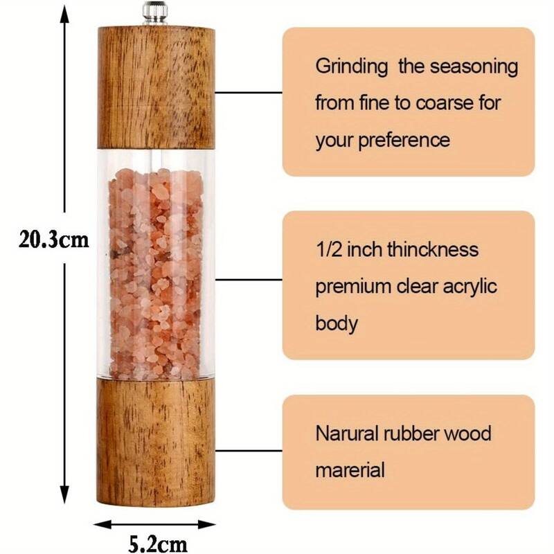Acrylic and Rubber Wood Salt and Pepper Grinder Set Stylish Modern Kitchen Spice Mills - 5.2x20.3 cm