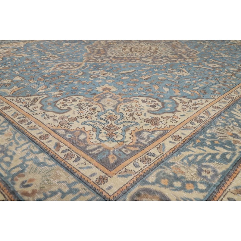 Floral Tabriz Persian Rug Handmade Blue Traditional Wool Carpet - 9'9"x 12'9"