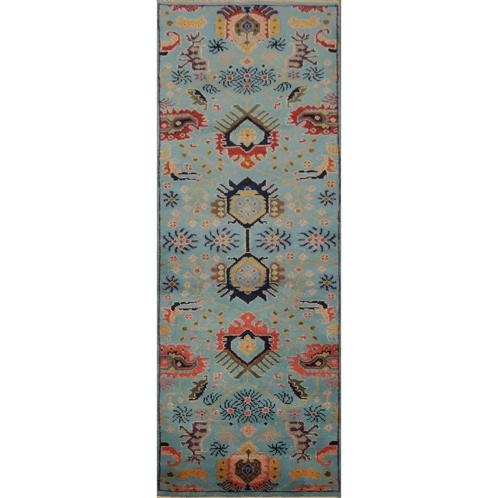 Hand Knotted Oriental 100% Wool Carpet Transitional All-Over Navy Blue & Blues Oushak Runner Rug - 7' 10'' X 2' 5''