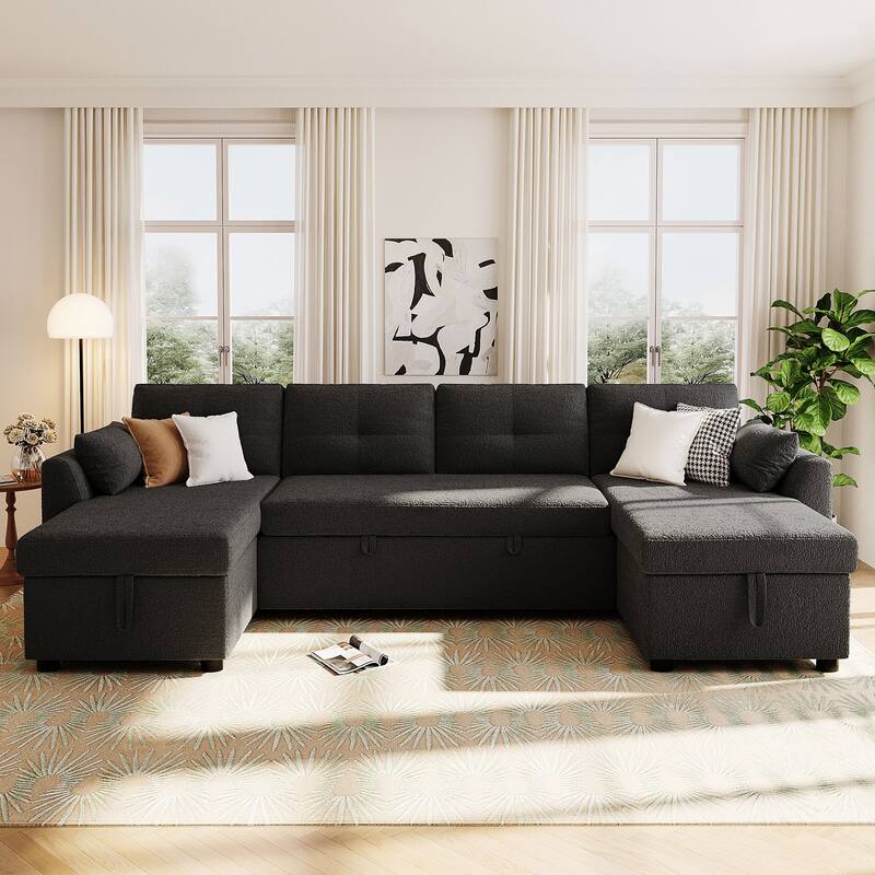Oversized U-shaped Sectional Sofa with USB Ports, Dual Storage Chaise Lounges Sofa with Pull-out Bed Convertible Sleeper Sofa