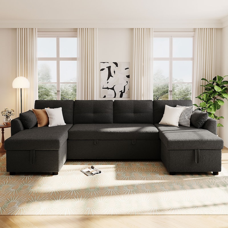 Teddy Fabric Sectional Sofa Convertible Sleeper Sofa Modern U-Shaped Couch Dual Storage Chaise Lounge with Pockets and USB Ports