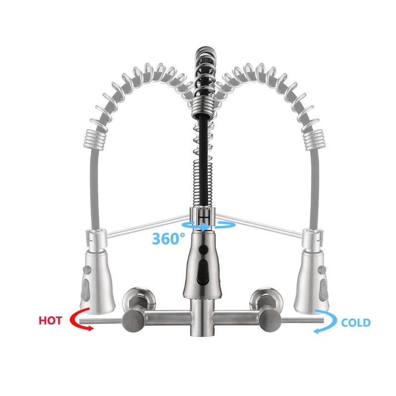 PROOX Double Handle Kitchen Faucet with Pull Out Sprayer Wall Mounted
