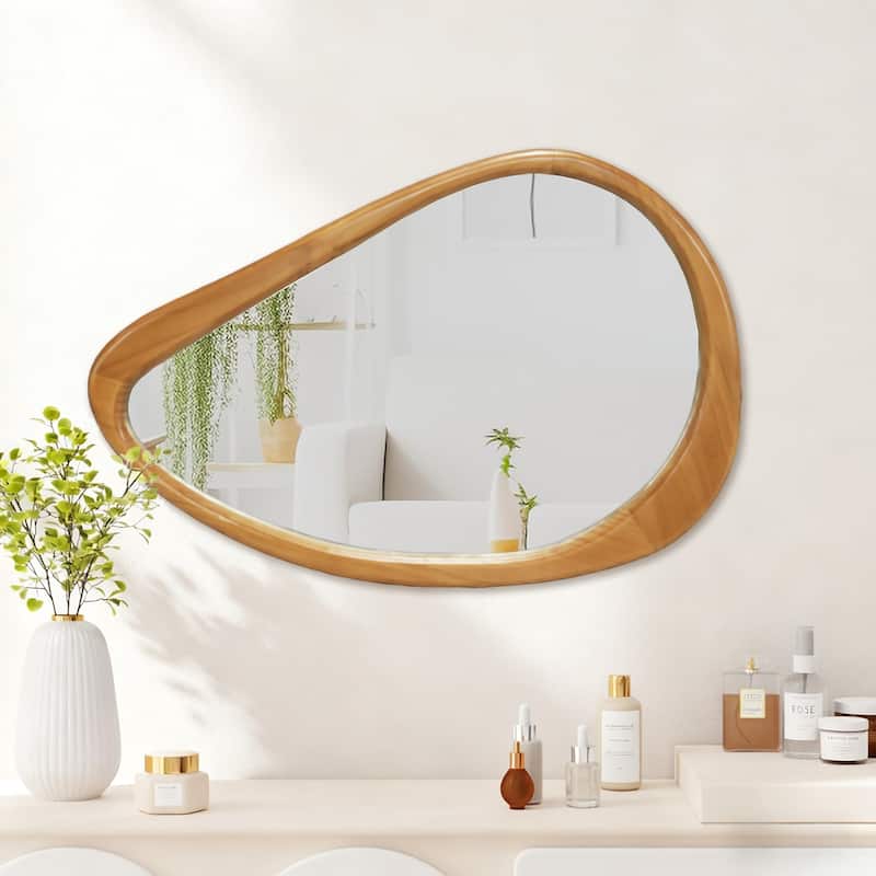 Modern Irregular Teardrop Wooden Wall Mirror, 29.92" x 20.08" Decorative Accent Mirror for Bathroom, Bedroom, Living Room