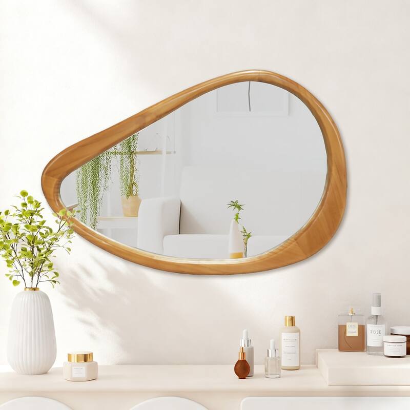 Modern Irregular Teardrop Wooden Wall Mirror - Mid-Century Home Decor for Bathroom, Bedroom - Natural Wood