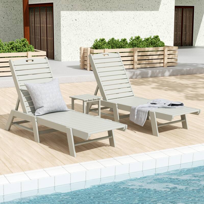 Laguna Hdpe All Weather Outdoor Patio Pool Reclining Armless Chaise Lounges With Square Side Table (3-Piece Set) - Sand