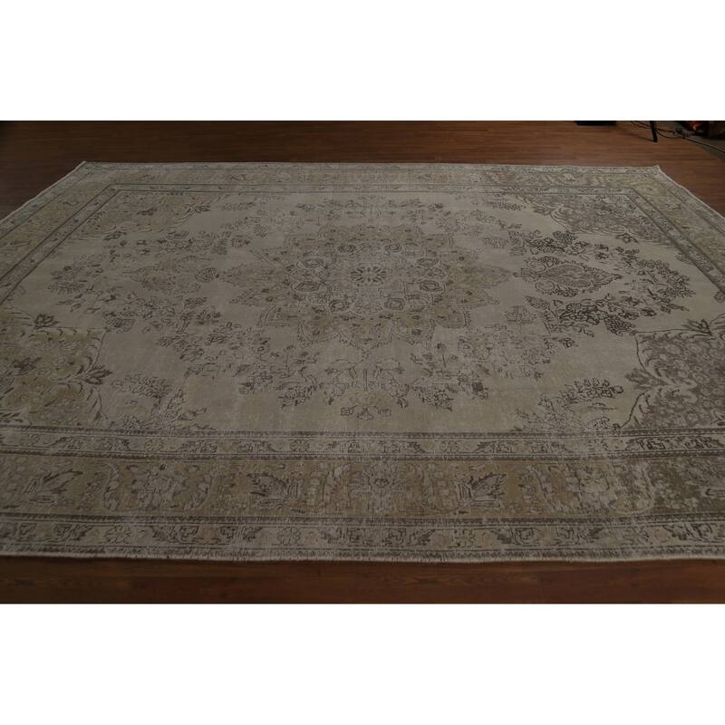 Tabriz Persian Vintage Area Rug Hand-Knotted Beige Wool Carpet - 9'6" x 13'4"