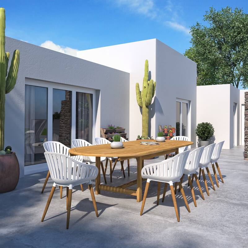 Amazonia Torrington 11pc Certified Teak Outdoor Patio Dining set - White Armchair - Wood Legs