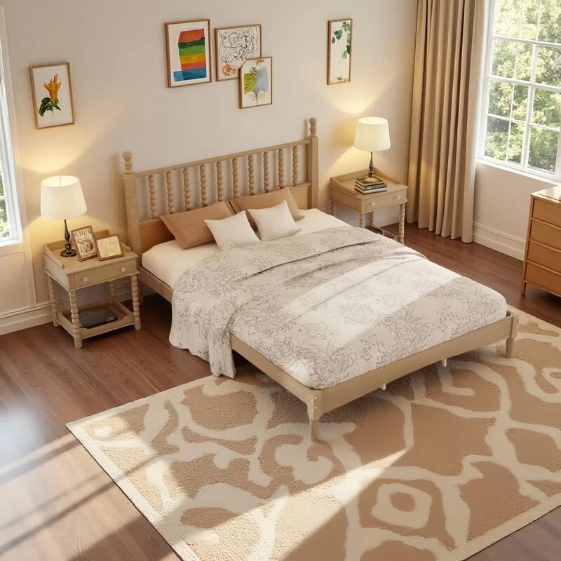 3-Pieces Retro Style Bedroom Sets, Queen Size Platform Bed with Gourd Shaped Headboard, Storage Nightstand - Natural