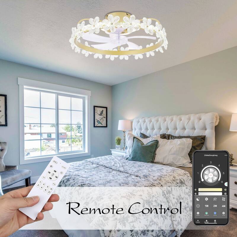 20" Modern Crystal Garland Ceiling Fan 6-Speed Dimmable Flush Mount Ceiling Fan with Remote and APP Control