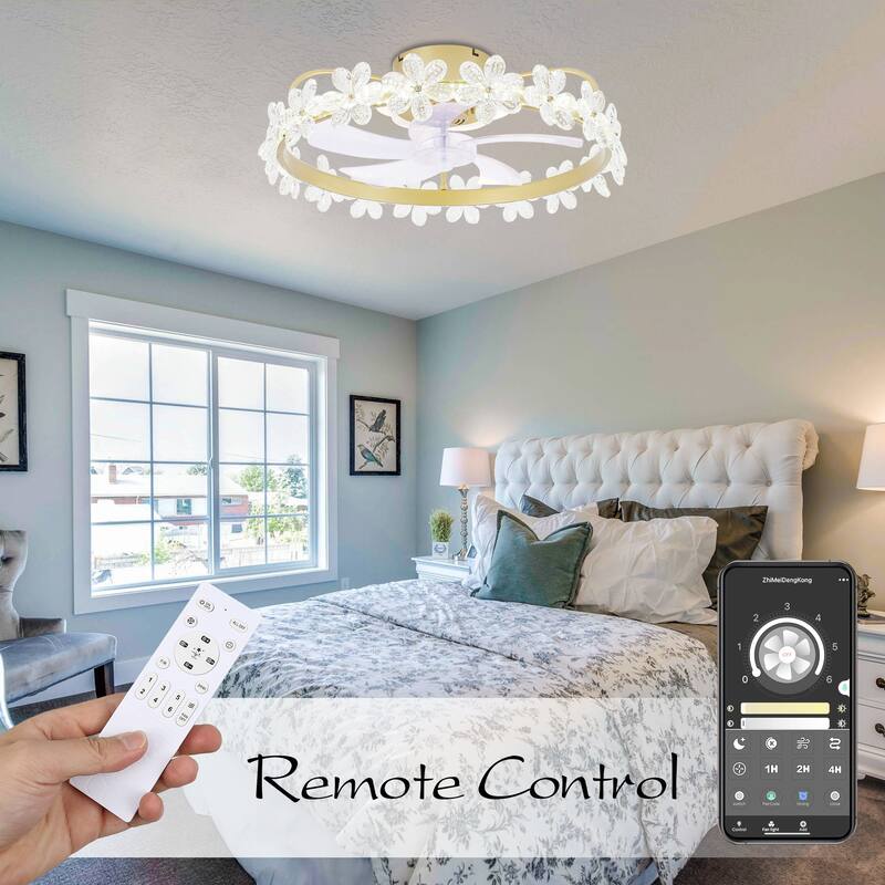Bella Depot Gold Low Profile Ceiling Fan with Dimmable Light and Remote Control Crystal Flowers for Children