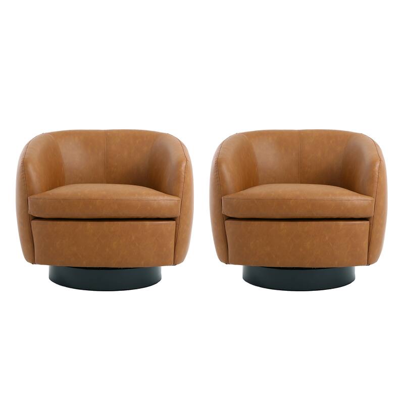 PU Upholstered Swivel Barrel Accent Chair With Wood Base (Set of 2)