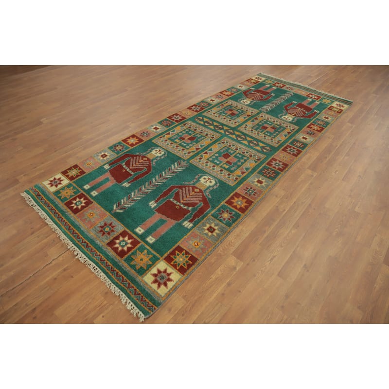 Hand-knotted Traditional Wool Green Geometric Oriental Area Rug - 9' 10'' X 4' 0''