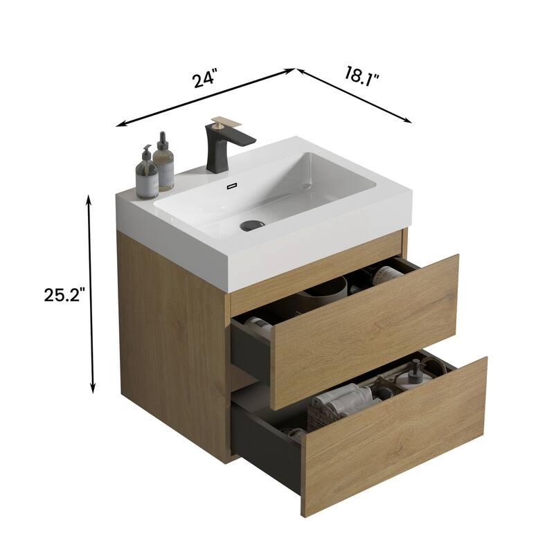 Single Sink Wall-Mounted Bath Vanity in Oak with White Solid Surface Top