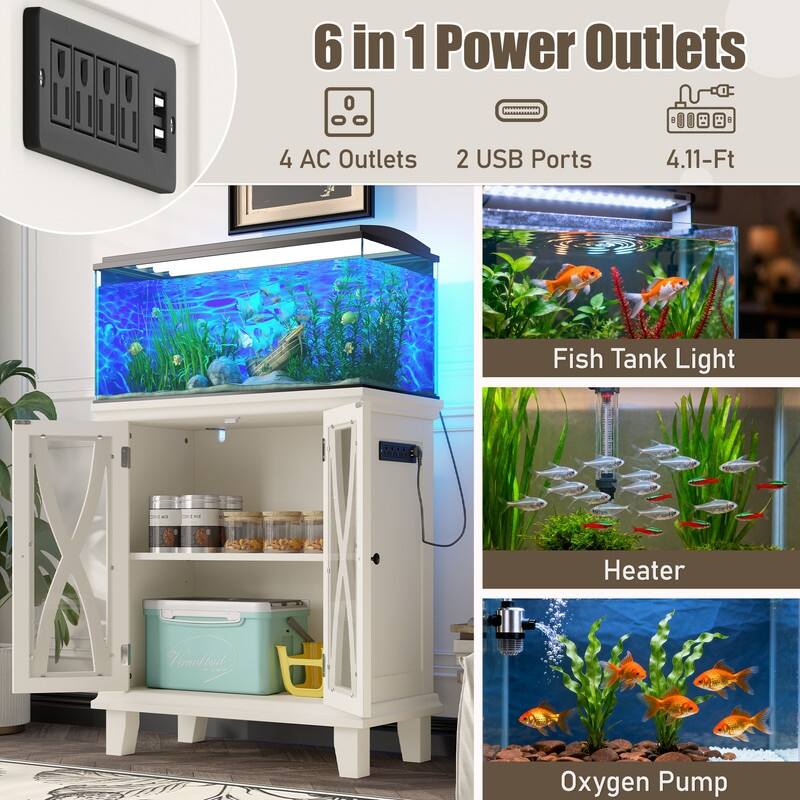 Farmhouse Aquarium Stand with Charging Station, 20 Gallon Tank Cabinet & Reptile Habitat Furniture