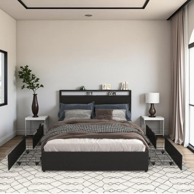 Queen Storage Bed with Headboard, Built-In Charging Station, USB & Type-C Ports, 4 Drawers, LED Lighting & Solid Metal Frame