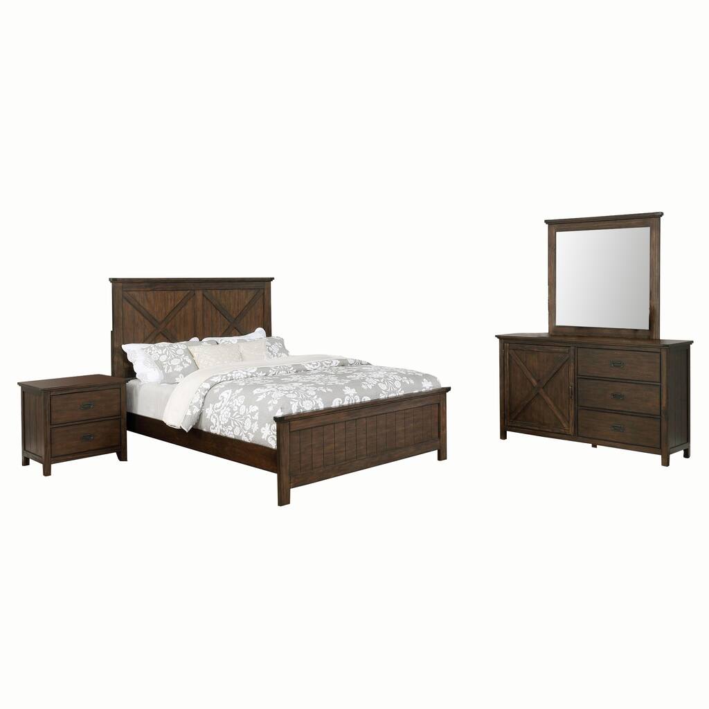 4 Piece Rustic Panel Queen Wooden Bedroom Set, Brown