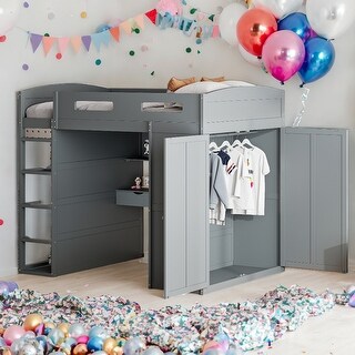 Kids and Baby Full Size Loft Bed with Desk,Wardrobes,4 Drawers and 4 Shelves