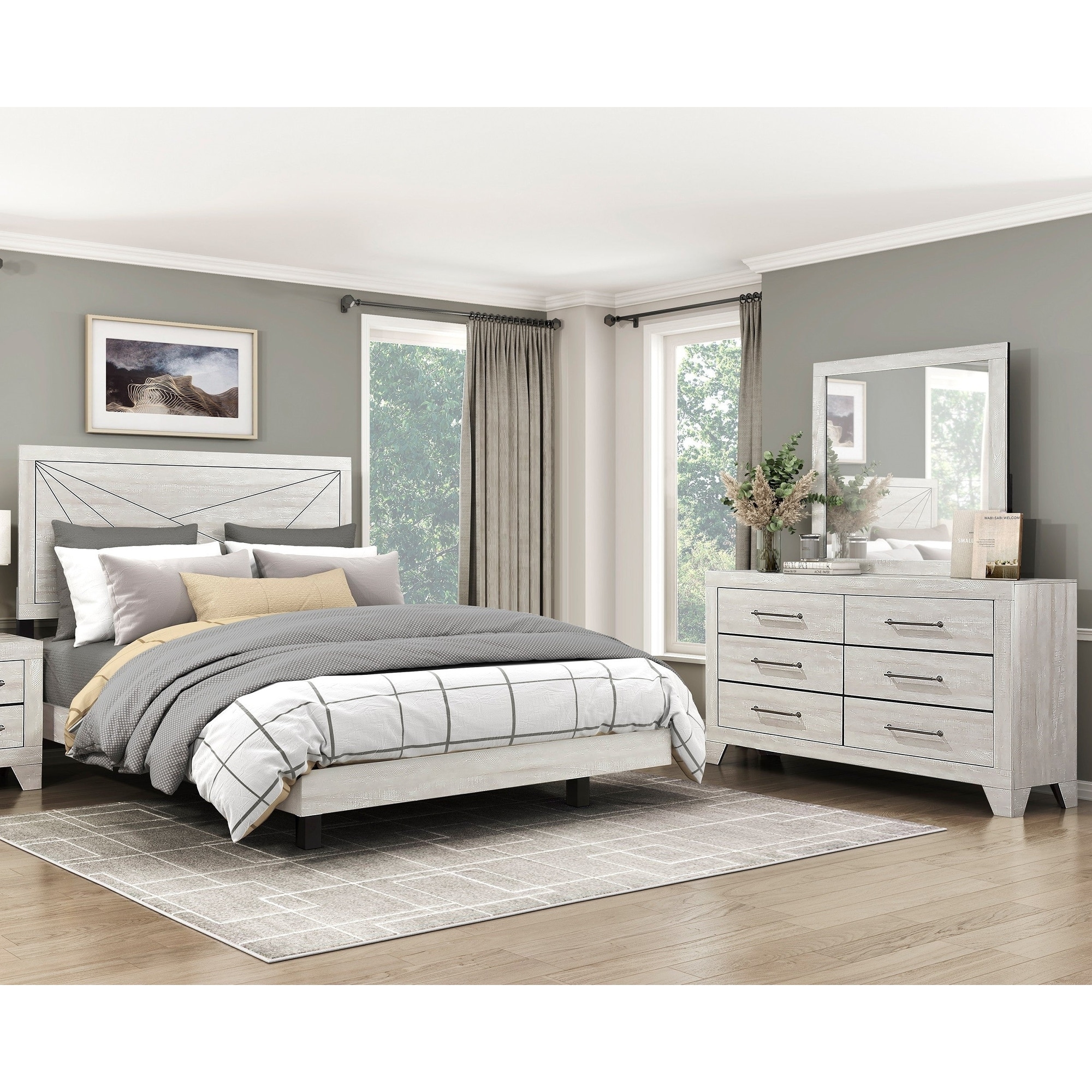 3pc Bedroom Furniture Panel Bed Dresser Mirror Set Gray Finish