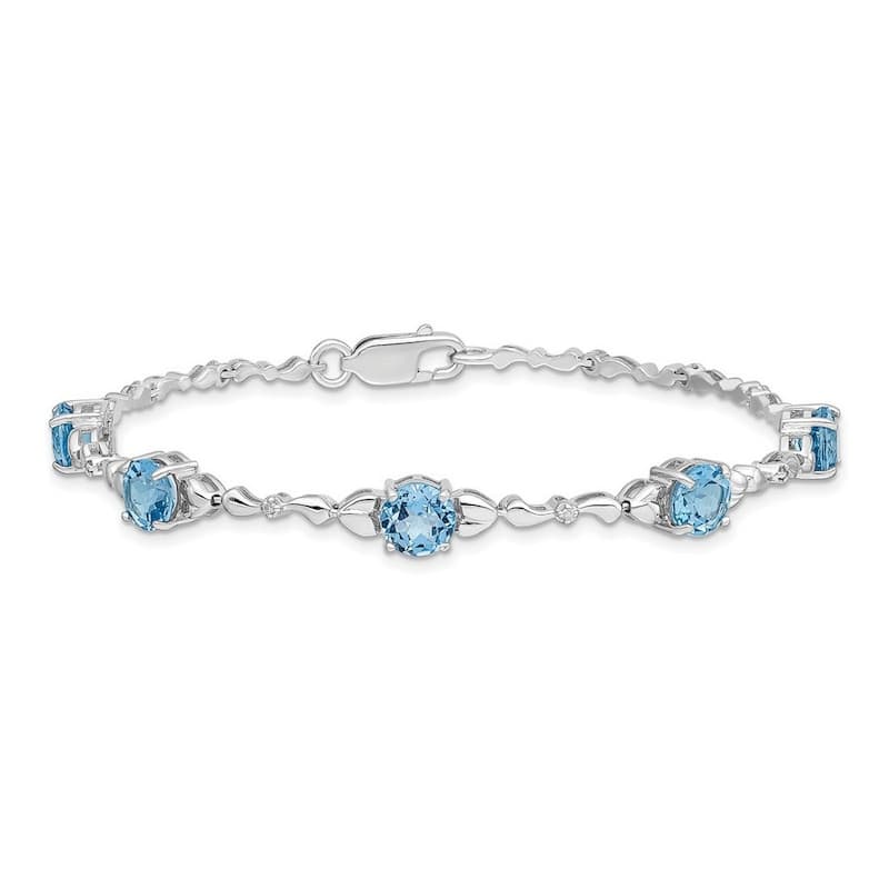 Curata 925 Sterling Silver 7.5" 6mm Blue Topaz or Amethyst and Diamond Tennis Bracelet