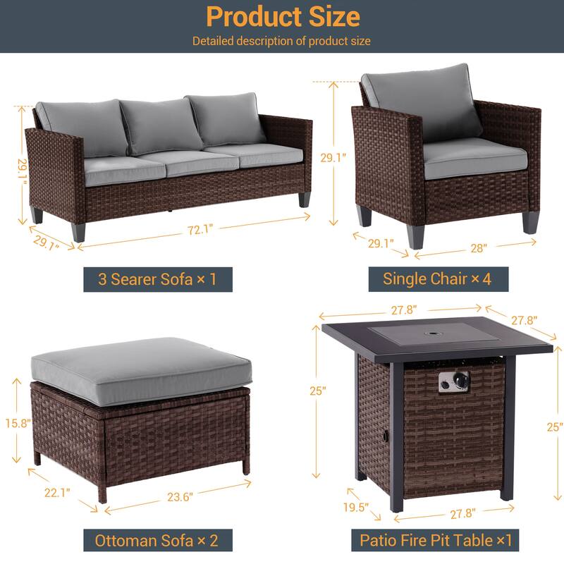 Livoosun 8 Pieces Patio Sofa with 28'' Fire Table Set, PE Wicker, Wide Armrests High Back Sofa Chair Design for Lawn, Patio