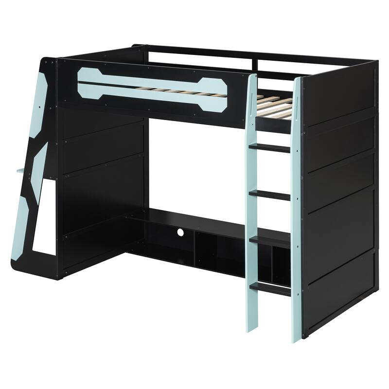 Esports Twin Loft Bed with Desk, Multi-storage Shelves and Light Strip