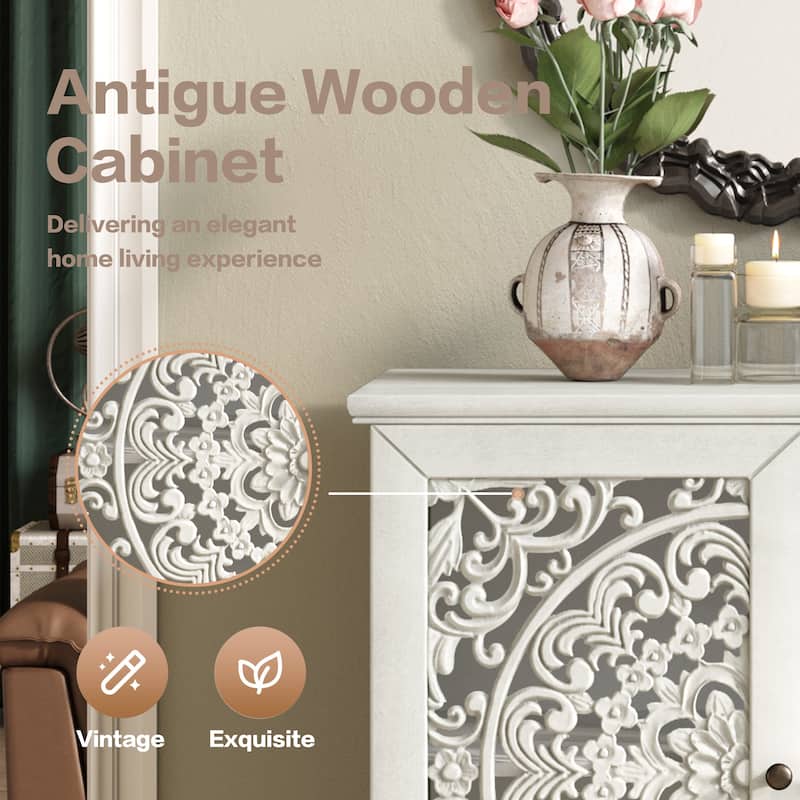 Vintage Hollow-Carved 2-Door Accent Cabinet with Floral Design, Adjustable Shelf and Solid Wood Legs, 31.5'' Sideboard