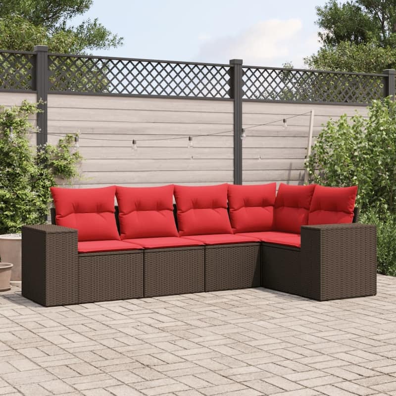 vidaXL 5/6 Piece Patio Sofa Set with Cushions Gray/Brown/Black Poly Rattan - 24.4" x 24.4" x 27.2" - Brown and red Without table