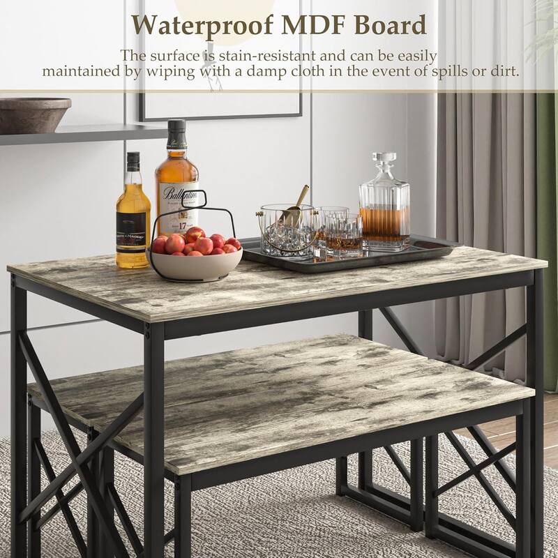 44.3" Dining Table with Benches Kitchen Table set for 4 Rectangular Dining Room Table Set with 2 Metal Wood Benches